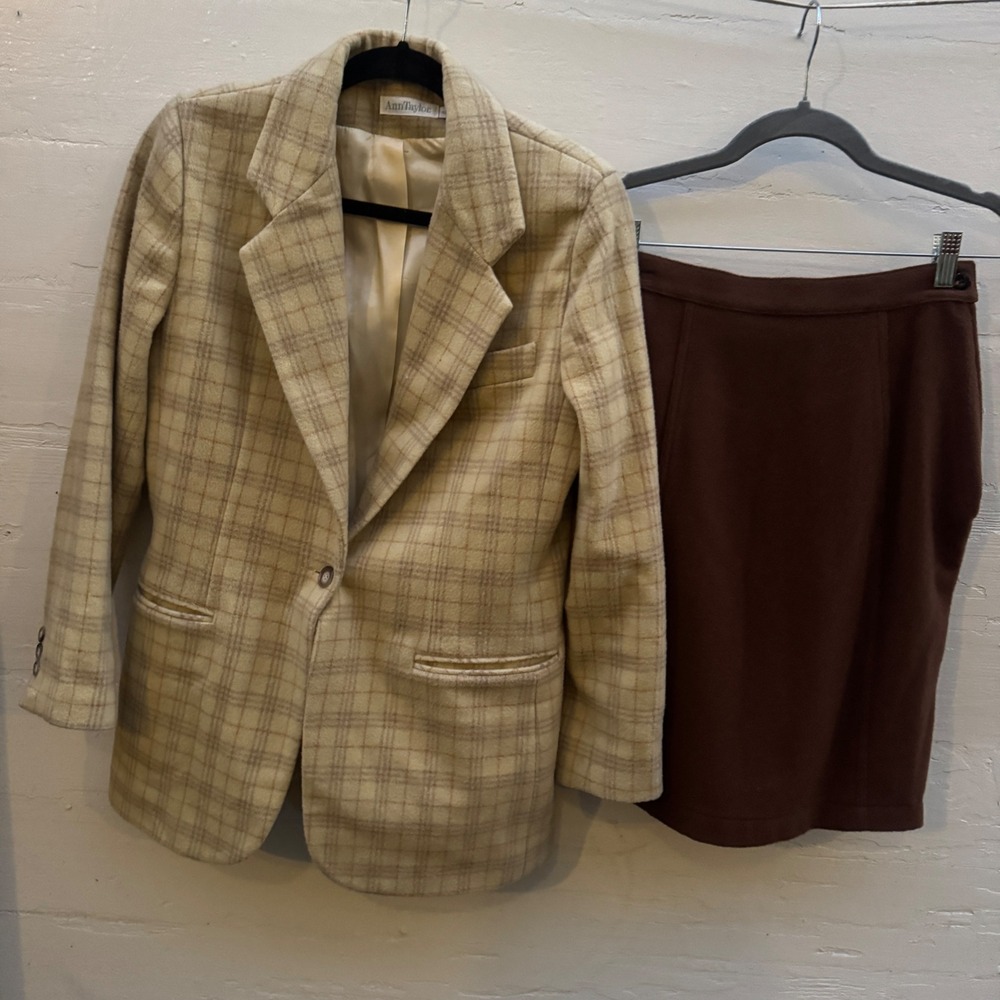 Vintage Ann Taylor Plaid Blazer Express Wool Cashmere Skirt Set 4 Brown Tan